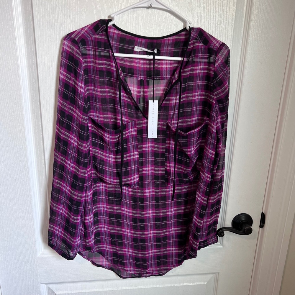 Three Eighty Two Women Magenta Plaid Sheer Tie Neck Blouse Size XS New With Tags